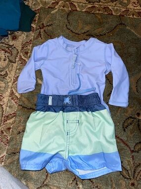 Kids Long Sleeve Swim Rashguard and Swim Trunks Set - Light Blue & Mint